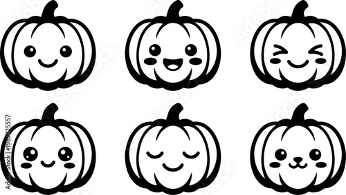 Black and white kawaii pumpkin faces vector line art set for halloween