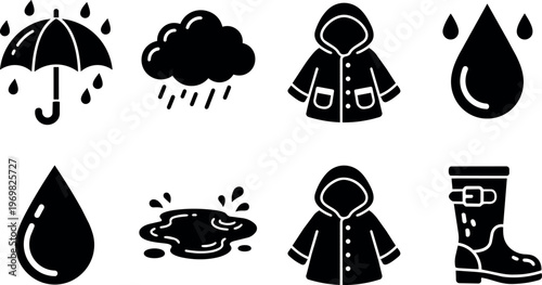Black rain drop umbrella raincoat and boot line art vector icons