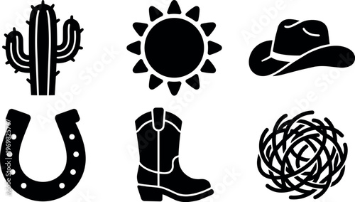 Black silhouette western cactus sun cowboy hat horseshoe boot and tumbleweed vector art