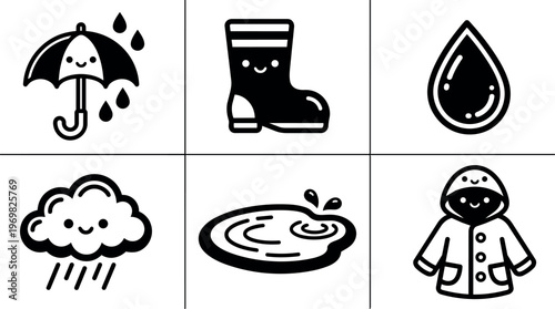 Black and white rain weather icons umbrella boot raindrop cloud puddle raincoat