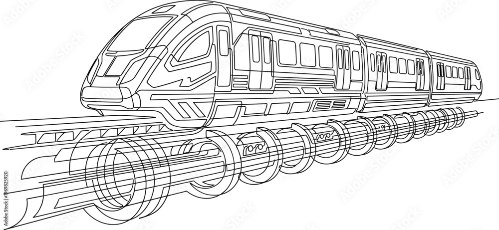 Obraz premium Technical wireframe rendering of a sleek, advanced, modern passenger train design, highlighting innovative transportation and engineering concepts.