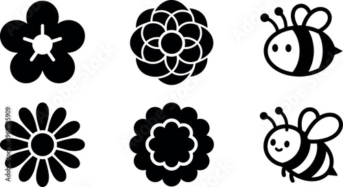 Black and white bee and flower icons in flat design style