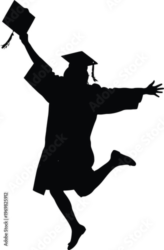 Silhouette of a graduate in cap and gown jumping in the air happily