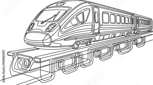Sleek, modern high-speed train illustration, rendered in intricate line art, showcases advanced rail transportation design and future movement.