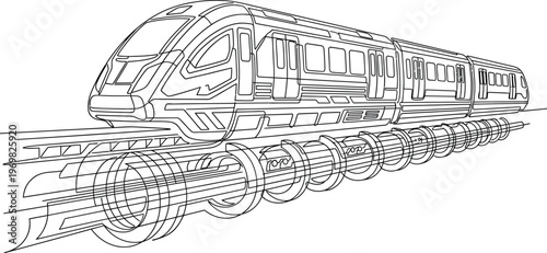 Technical wireframe rendering of a sleek, advanced, modern passenger train design, highlighting innovative transportation and engineering concepts.