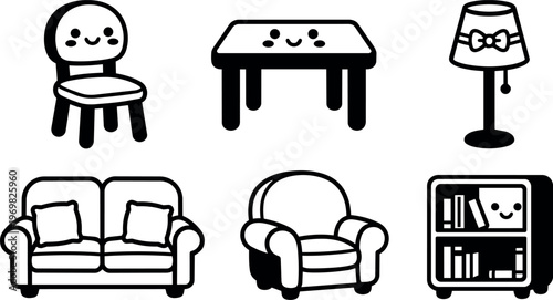 Cute black and white line art smiling furniture icons chair table lamp sofa armchair bookshelf