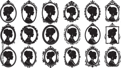 A diverse collection of vintage-inspired female silhouette profiles elegantly framed in ornate, classic decorative borders, capturing timeless beauty and historical charm in intricate vector art