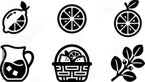 Black and white lemon slice with leaves pitcher basket and branch icons
