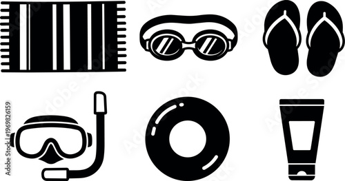 Black and white beach towel goggles snorkel float tube flip flops and sunscreen vector art