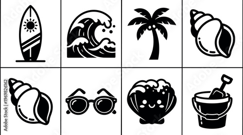 Black and white beach icons with surfboard wave palm shell sunglasses and bucket