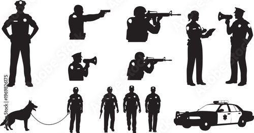 Police officers vector silhouettes. Law enforcement personnel in various poses patrol, aiming, K9 unit, communication. Includes police car. Ideal for graphic design