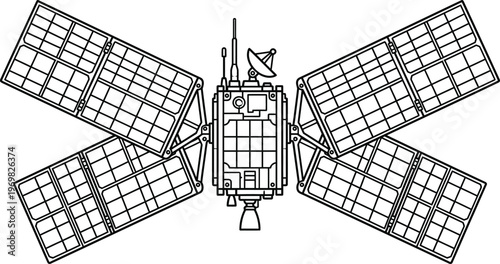 A detailed line art illustration of a sophisticated communication satellite, featuring extensive solar panels, antennae, and propulsion systems, ready for space exploration.