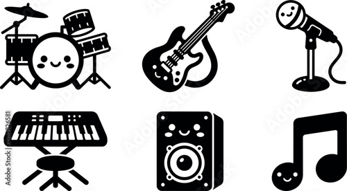 Cute black and white music instruments and notes vector art icons