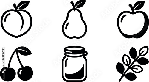 Black and white fruit icons including peach pear apple cherries jar and branch