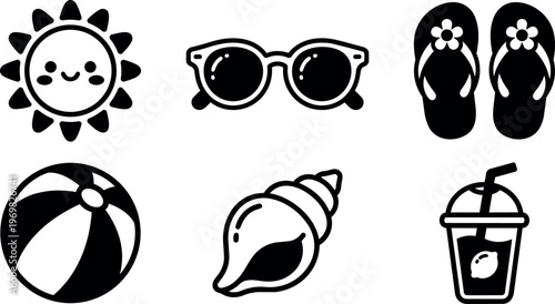 Black and white summer icons set sun sunglasses flip flops beach ball shell lemonade