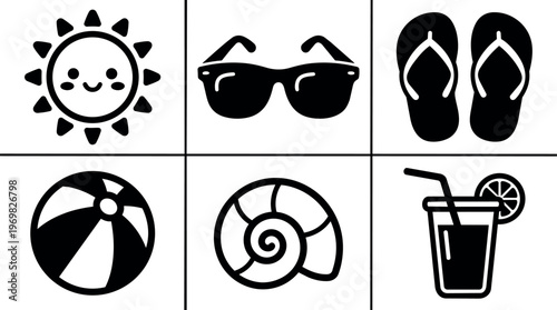 Black and white summer icons sun sunglasses flip flops beach ball shell and drink