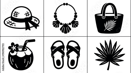 Black and white summer accessories hat necklace bag coconut drink sandals and palm leaf