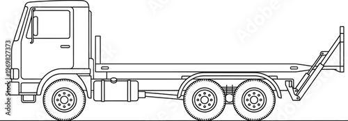 Line drawing of a flatbed truck with a cab and trailer