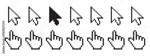 Pixel art mouse cursor and hand pointer icons set for retro computer interface design.