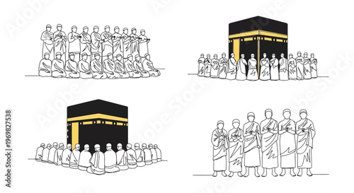 Line art depiction of the kaaba and pilgrims during hajj rituals