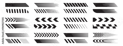 Racing speed decals collection with black geometric motion lines and stripes elements.