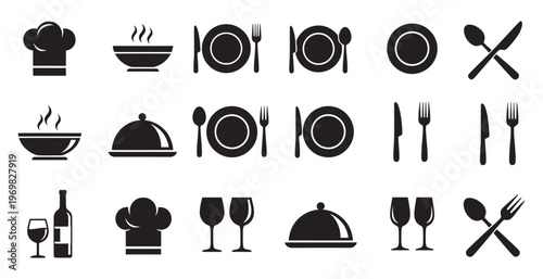 Dining and restaurant icons set. chef hat, plates, cutlery, wine, and food dishes vector.