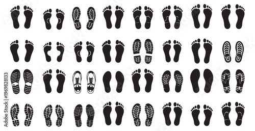 Collection of diverse foot and shoe prints, human steps and sole patterns.