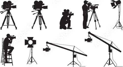 Diverse vector silhouettes featuring professional film and video production gear and crew, essential elements for capturing captivating visual stories and media content