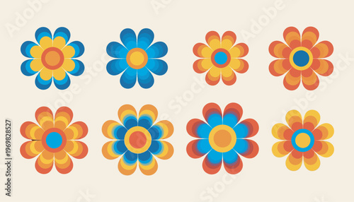 Retro 1960s style flowers in yellow orange and blue colors on white background.
