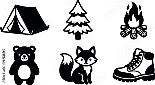 Black and white camping tent tree fire bear fox boot vector art
