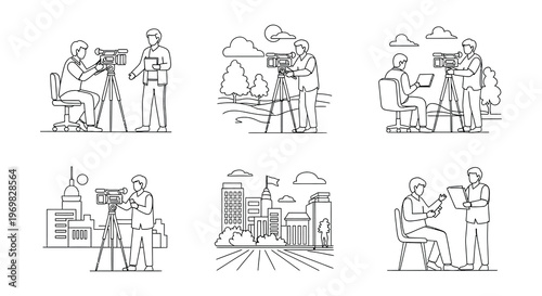 Line art illustration depicting various roles in film and television production