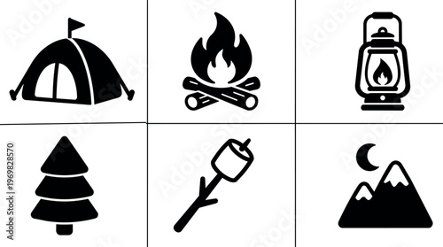Black camping tent campfire lantern pine tree marshmallow on stick and mountain icons