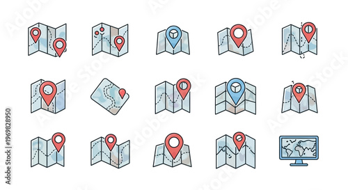 Map location icons, navigation and travel
