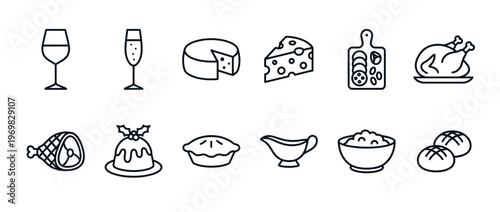 Collection of festive food and drink line art icons for holiday meals and celebration dinners, including turkey, ham, pudding, and wine.