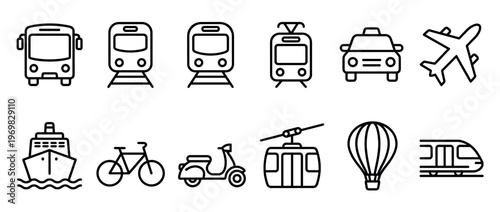 Collection of outline transportation icons including bus, train, airplane, ship, bicycle, scooter, and hot air balloon for travel and logistics concepts.
