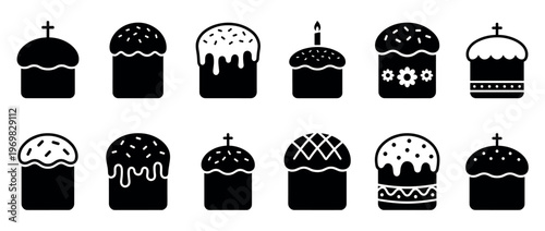 Easter cakes icons set featuring various traditional sweet breads with icing, sprinkles, and crosses for holiday celebrations.