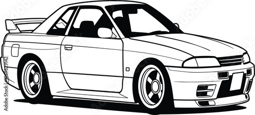 Sport coupe car outline illustration, modified street racing vehicle line art automotive design