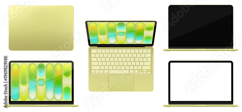 Photorealistic detailed green notebook mockup. Front, rear and opened view of notebook with keyboard isolated on transparent background. Vector illustration