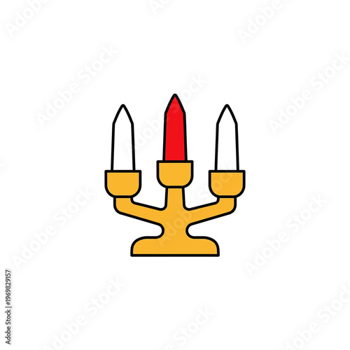 Golden candelabra with red candle and black holders illustration.