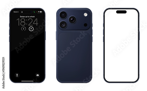 Detailed blue mobile phone mockup. Front and rear view isolated on transparent background. Vector PNG