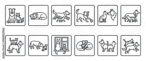 Dogs and cats icons collection depicting various interactions and poses between domestic animals in a simple line art style.