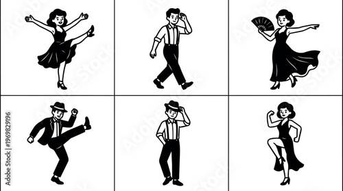 Black and white vintage line art dancing man and woman with fan and hat