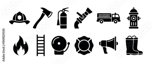 Firefighting equipment icons set featuring various tools and gear used by fire departments for emergency response and safety.