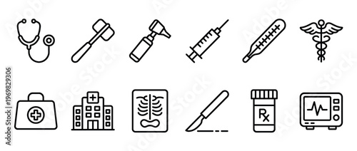 Medical icons set featuring essential healthcare tools and equipment for diagnosis, treatment, and general hospital services in a clean line art style.