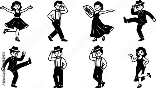Black and white vintage dance poses vector art of men and women in retro attire