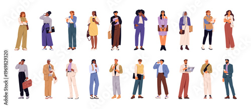 Fashion businesswomen and businessmen set. Business men and women in modern suits with phones, bags, papers. Stylish employees, office workers. Flat isolated vector illustrations on white background