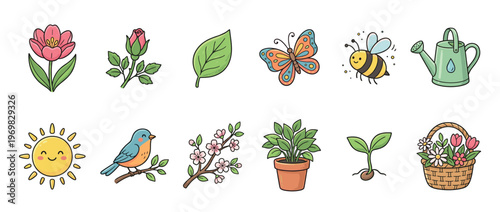 Cute cartoon spring nature elements and garden illustrations set, including flowers, insects, plants, and gardening tools.