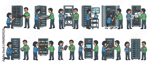 IT technicians installing, maintaining, and troubleshooting server racks and network infrastructure in a data center.