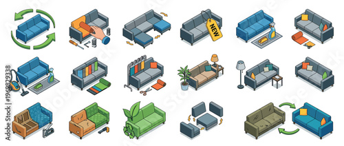 Sofas maintenance, repair, and customization isometric illustrations set showing cleaning, upholstery, recycling, and modular furniture concepts.