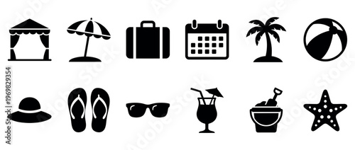 Summer vacation beach travel icons set featuring various holiday and leisure activity symbols in a clean, modern silhouette style.